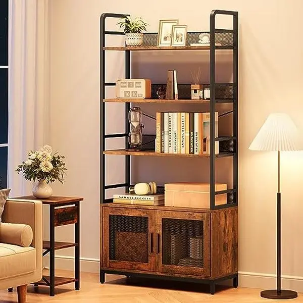 Rustic Wood & Metal Industrial Bookshelf with Doors - 4-Tier Open Storage, 70.87"h Sturdy Base Cabinet, for Bedroom, Living Room, Rustic Look