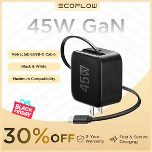 EF ECOFLOW 45W USB C Charger with Retractable Cable, 3-in-1 GaN Phone Charger with Type C Cable, 2-Port Fast Charger Compatible with iPhone 16 Pro Max, iPad Pro/Air, Galaxy S25, Steam Deck (White)