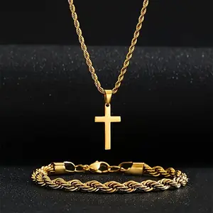 Gold Cross Pendant Necklace with Rope Chain & Matching Bracelet Set