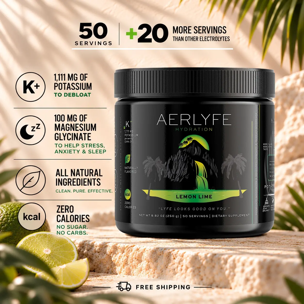 AERLYFE High-Potassium Minerals Electrolyte Drink Mix with Magnesium Glycinate - 0 Sugar, 0 Calories, No Maltodextrin, Low Sodium, 50 Servings - Prop 65 Safe Hydration Drink, Powder Vitamins & Wellness Supplements for Fitness