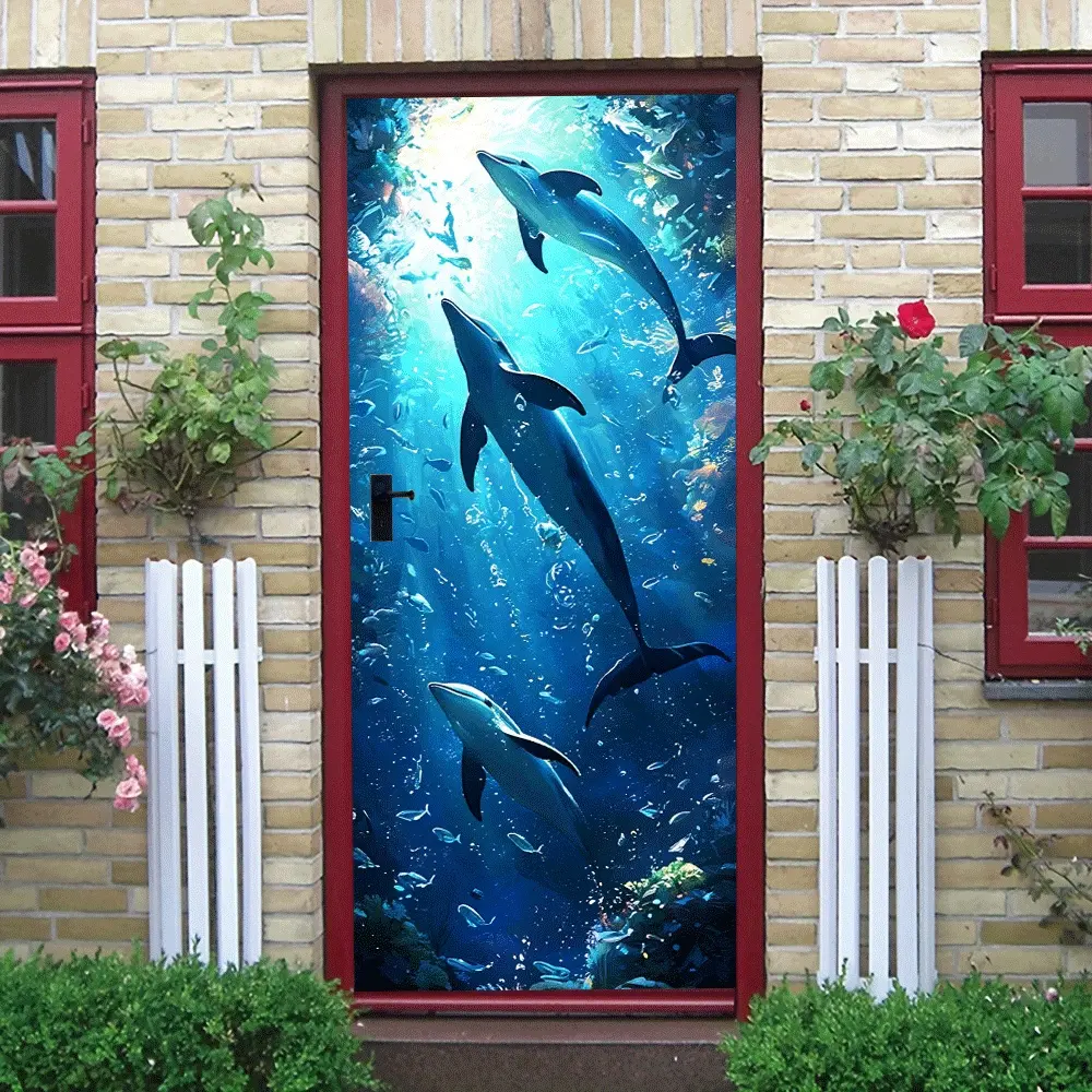 2pcs   Underwater World Dolphin Wall Stickers Kids Room Bedroom Decor Self Adhesive Removable Ocean Life Theme Murals Living Room Background Wall Art Eco Friendly PVC Waterproof Cartoon Decals  Colla