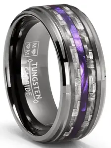 Mens Carbon Fiber Tungsten Carbide Ring Purple Wood Wedding Band Gunmetal 8MM