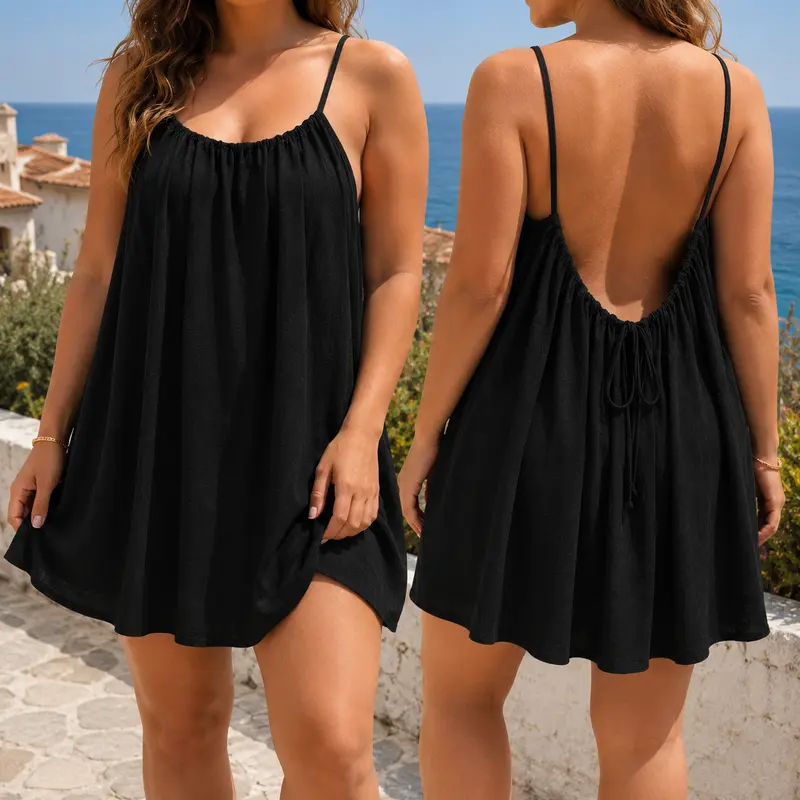 Women's Slim Smooth-Fabric Backless Spaghetti Strap Maxi Dress - Solid Color Sleeveless Loose Cami Dress for Summer Beach Vacation, Everyday Style Sports & Outdoor Wear