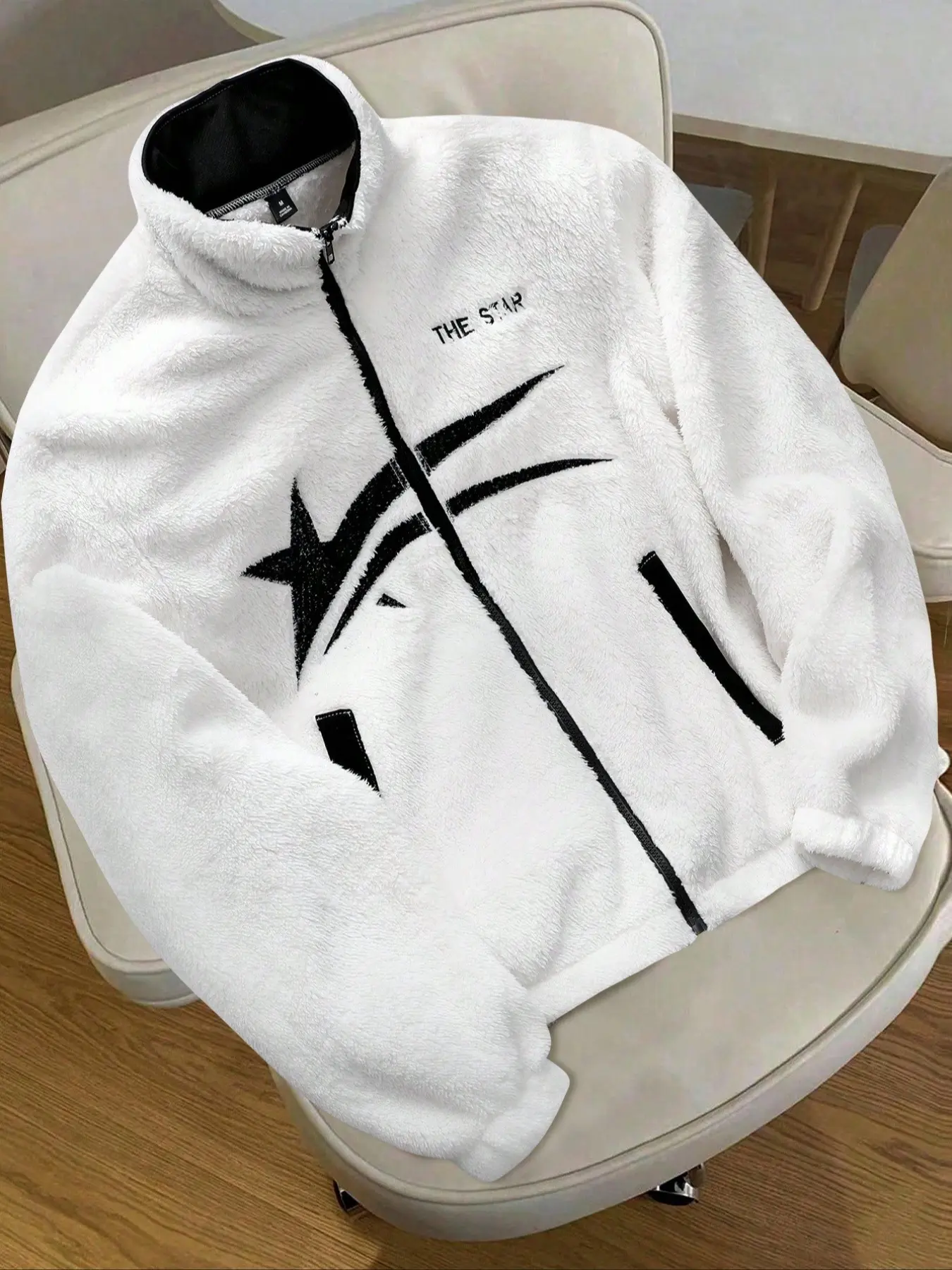Unisex Streetwear Hip-Hop Embroidered Thick Jacket Coats, Graphic Star Pattern Fleece Lined, High Durability, Full Sleeve Design, Casual Fall & Winter Wear