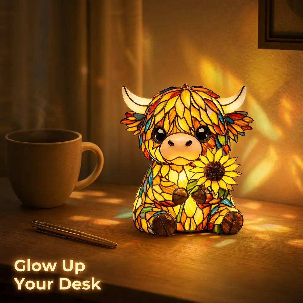 Cute Highland Cow Sunflower LED Gaming Desk Lamp, Stained Glass Style Colorful Resin Cow Night Light, Whimsical Farmhouse Animal Decor, Cozy Aesthetic Accent for PC Gaming Setup Gamer Room Battle Station