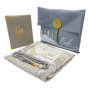 Eid Gift Set - Prayer Rug, Dua Book and Prayer Beads in Satin Bag - Grey