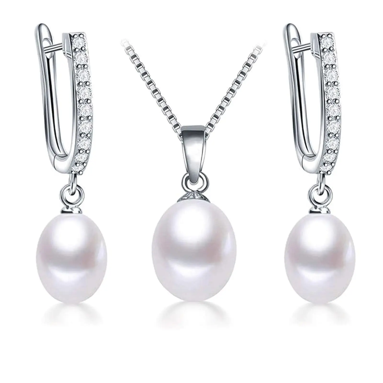 Set For Women Pendant Necklace & Earrings With Sparkling Rhinestones Sterling Freshwater Drop Wedding Prom Gift