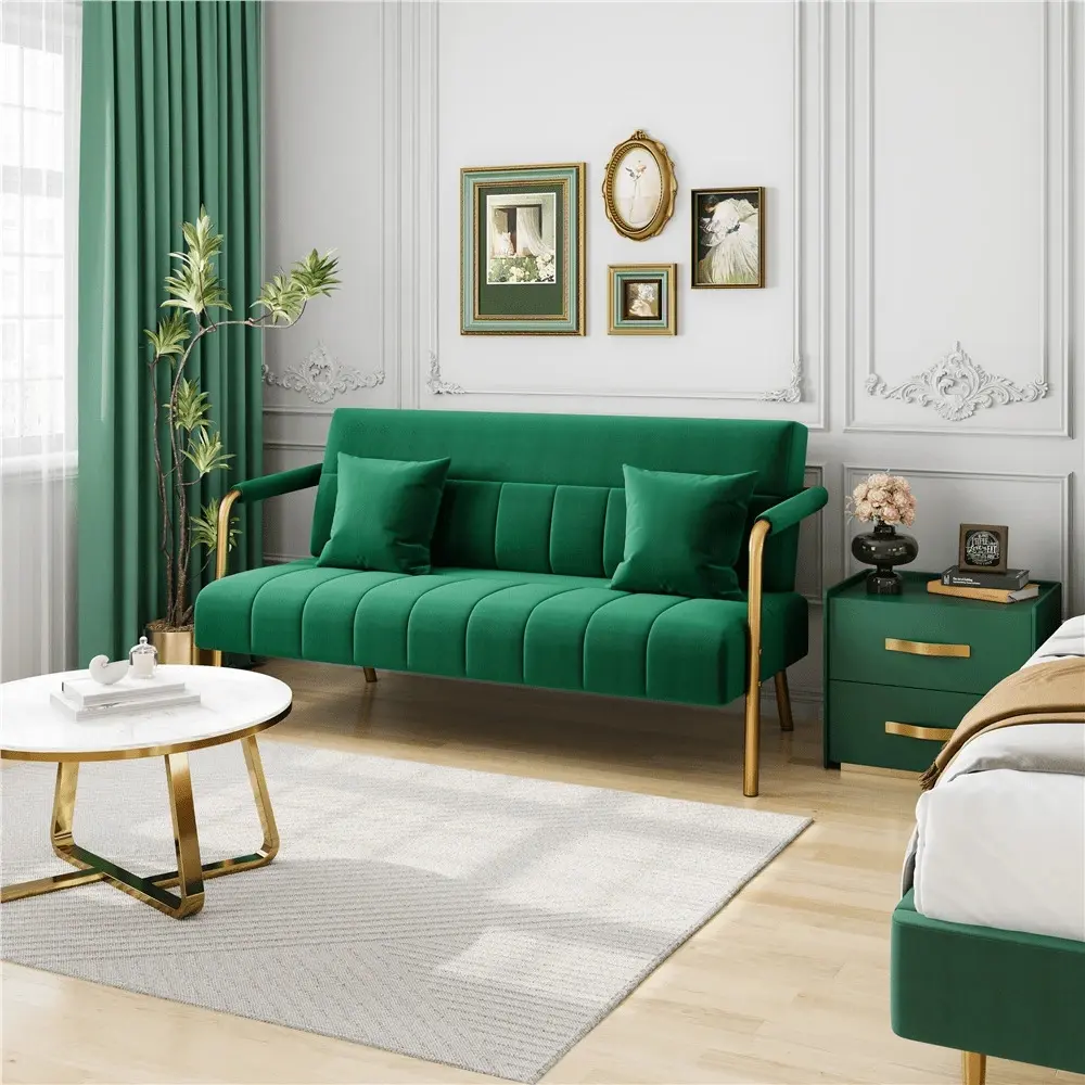 1pc Sturdy Velvet Upholstered Comfy Couch - Corduroy Sectional Plush Sofa with Velvet Foam, 56.5″ Wide, Ergonomic Mid-Back Rest, Round Arms, Modern Lines, Iron Build, Gold-Tone Metal Legs, Clean Aesthetic Indoor Furniture, Includes Accessory Kit