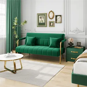 1pc Velvet Upholstered Sofa Couch - Chic Sofas Living Room Piece with Mid-Back Rest, Round Arms, Modern Lines, Elegant Loveseat with Velvet & Iron Build, Gold-Tone Metal Legs for Bedroom, Studio