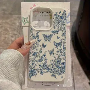 Vintage Blue Butterfly Floral Phone Case, Anti-Drop Protective Soft Tpu Cover for iPhone 11/12/13/14 Pro Max/15 Pro/16 Plus/16 Pro Max/17/17 Pro