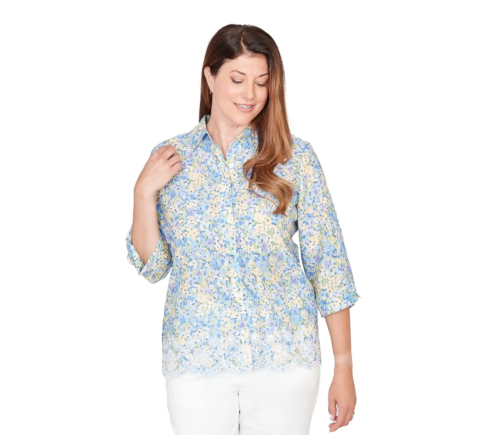 Alfred Dunner Petite Embroidered Button  Floral Top