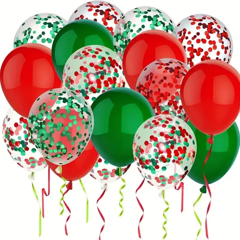 12in Glitter Helium Balloon Set (50-Pack) - 10 Red, 10 Green & 30 Colored Ribbon Balloons with Bubble Confetti, for Birthday, Christmas Party Decor, Balloon Decor, Sparkling Look, 12 Inches