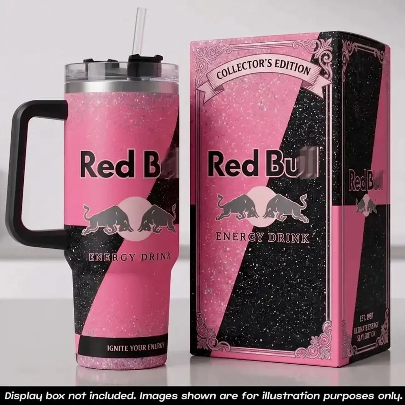 Red Bull 40oz Tumbler With Handle No Box, Energy Drink RB Pink Glitter Travel Mug, Ignite Your Energy Stainless Steel Insulated Cup, Charging Bulls Sports Drinkware, Cold Iced Coffee Water Tumbler, Extreme Sports Fan Gifts