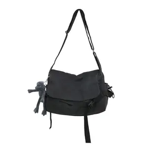 Men's Plain Canvas Crossbody Bag Solid Color Trendy Versatile with Cartoon Charm Large Capacity Daily Commuting Shoulder Bag for Work Outdoor Travel