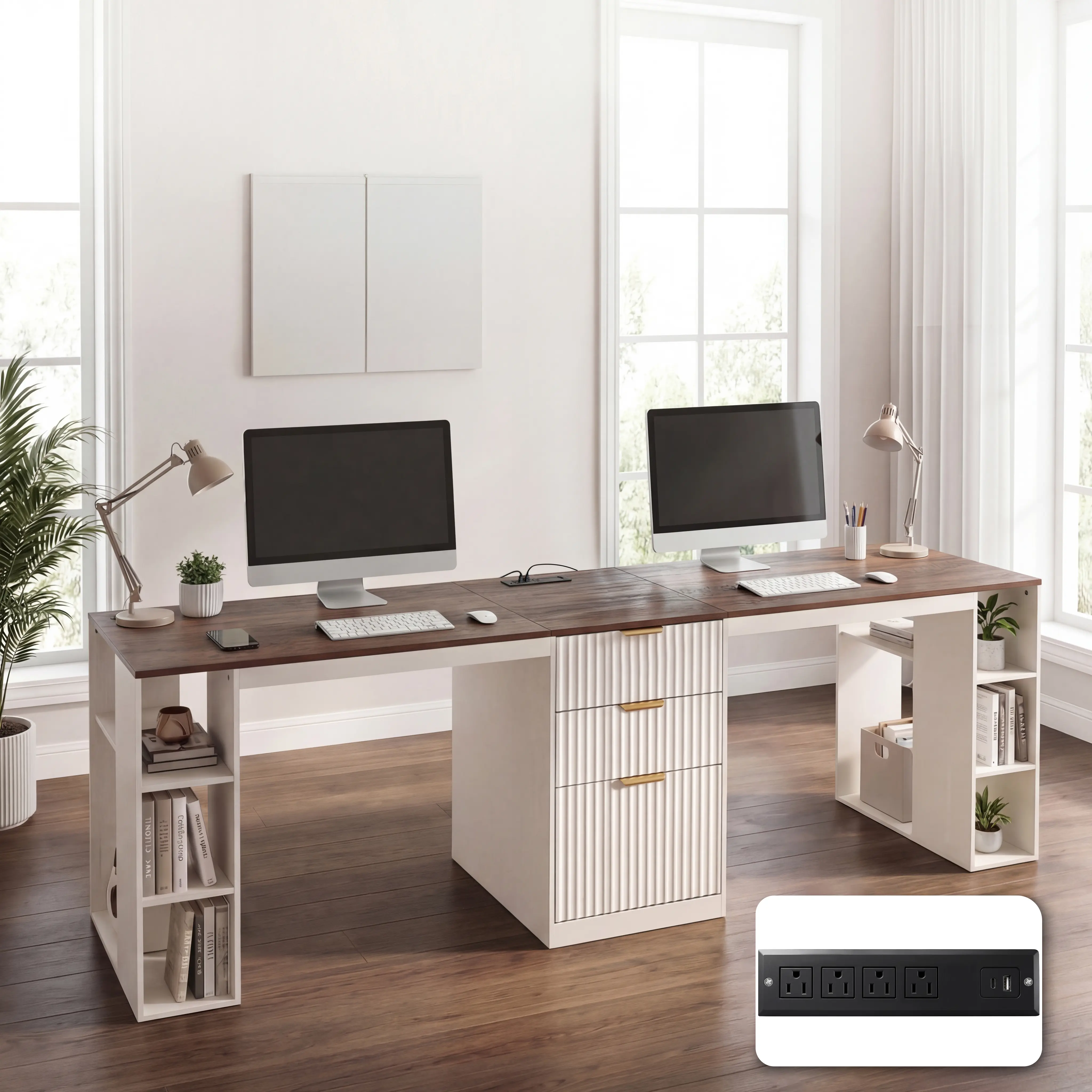 NORTHSKY 96.5 Inch Double Workstation Desk Black 2 Person Computer Desk with Drawers, Storage Shelves, Power Outlets and USB Ports for Home Office Modern White farmhouse executive large