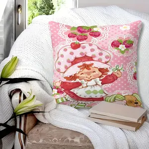 Strawberry Shortcake Throw Pillow , 17.71×17.71inch,Kawaii Pink Character Print,Soft Plush Decorative Cushion,For Sofa & Bedroom,Perfect Gift for Fans