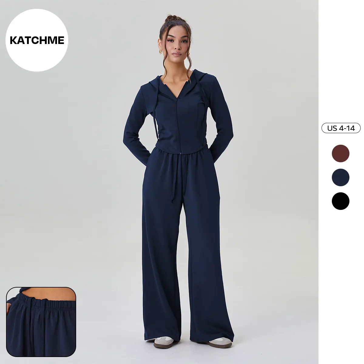 KatchMe Women's Leisure Hooded Zipper Stretch Long Sleeve Top & Wide Leg Trousers Co-ord, Lightweight Solid Color Two Piece Outfits