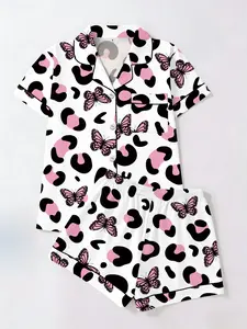 Coquette Leopard Butterfly Print Short Sleeve Shorts Set, Casual Fitted Women's Pajamas Nightwear Home Wear Loungewear Two-Piece Suit