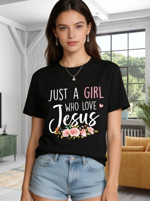 Women's Plus Size Chic Fitted Cut Cotton Tshirt - Short Sleeves, Crew Neck, Ruffle Cropped, Lightweight Boho Top with 'Just A Girl Who Loves Jesus' Floral Print Heat Transfer, for Easter, Outdoors