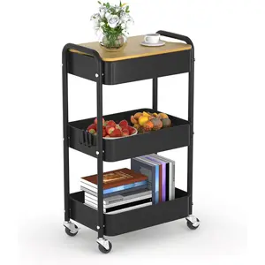 3 Tier Metal Utility Cart, Rolling Storage Cart with Wooden Tabletop, Metal Organizer Cart with Lockable Wheels for Office, Bedroom, Kitchen and Living Room (Black)