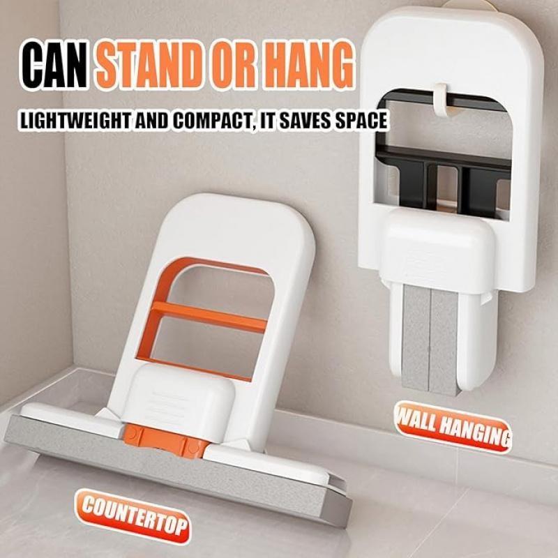 Mini Mop Upgrade Portable Self-Squeezing Mop for Small Spaces Wet & Dry Use Orange with Sponge for Bathroom Kitchens & Desktop Glass Can Stand or Hang Lightweight and Compact