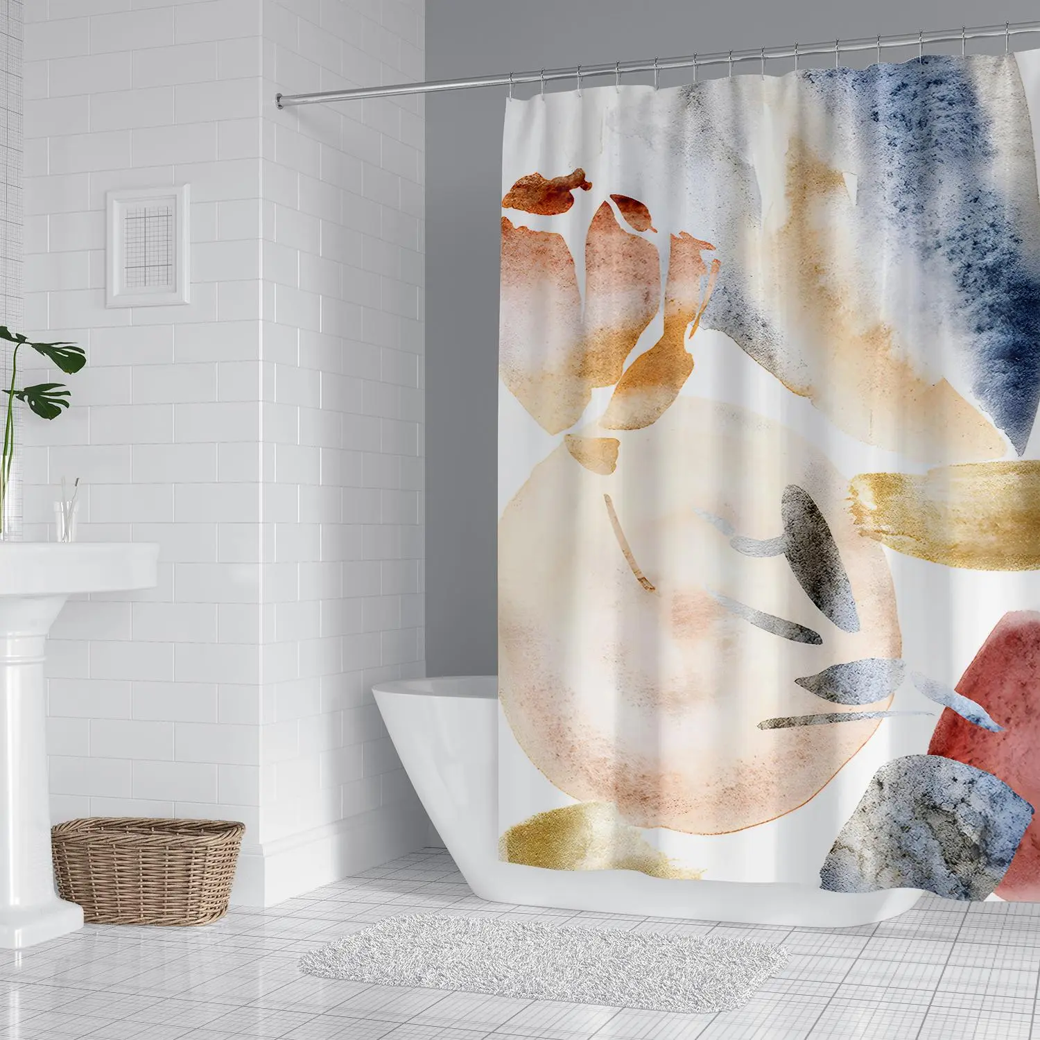 Bright Ink Painting Pattern Polyester Shower Curtain, Modern Waterproof Bathroom Curtain, Wall-Mounted, 180cm X 180cm, Includes 12 Hooks