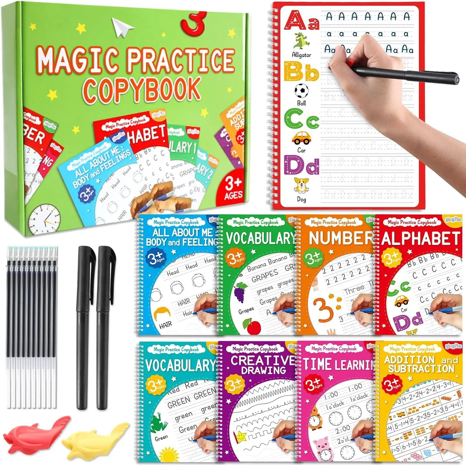 Magic Grooved Writing Practice Books for Kids 3-10, Large Reusable Handwriting Workbooks with Disappearing Ink, 3D Tracing Book Toy Gifts for Kindergarten Summer Workbook Preschool Learning Activities