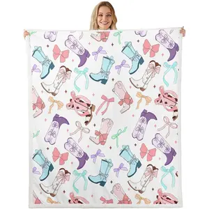 Girls Bow Fleece Blanket Baby,Western Cowgirls Sherpa Blanket Cute for Kids Teen Boys Girls,Colorful Bowknot Boots Fuzzy Plush Throw,Pink Blue Purple Throw Blankets
