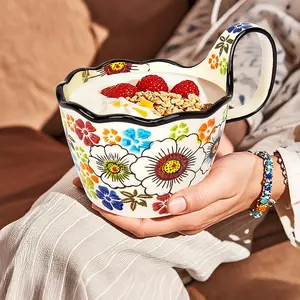 Handcrafted Ceramic Soup Bowl, Sturdy Double-Handled Rim, Hand-Painted Details, Microwave Safe, Dishwasher Safe, Oven Safe, Elegant Round Bowl