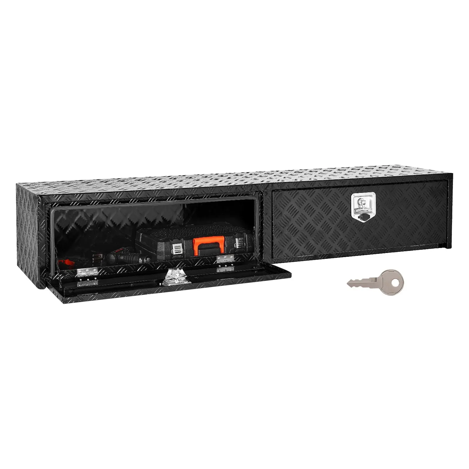 VEVOR 72x13x16 in Black Aluminum Tread Topsider Truck Tool Box, Dual Drop Doors, Heavy-Duty Lockable Latch Handle, Construction Tool Organizer, Corrosion-Rust Resistant, J-Hooks, Extended Space Truck Bed Storage, Portable