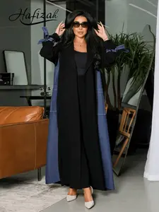 Blue Colorblock Design Denim Patchwork Blazer Coat, Long Loose-Fitting Outerwear with Bow Tie Sleeves, Elegant Chic Women's Fashion Jacket