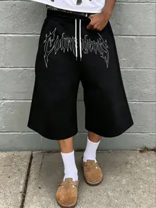 Courageous Gothic Letter Print Seven-Eleven Pants, Men's Dark Street Style Loose Fit Gym Shorts, Summer Casual Wide Leg Mid-Length Pants