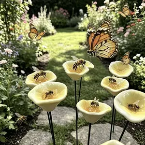 Ceramic Pollinator Feeder Set of 5, Flower-Shaped Bee and Butterfly Water Station, Pollinator Friendly Garden Decor, Durable and Easy to Fill, Perfect for Yard, Patio, Lawn, and Outdoor Garden Decoration