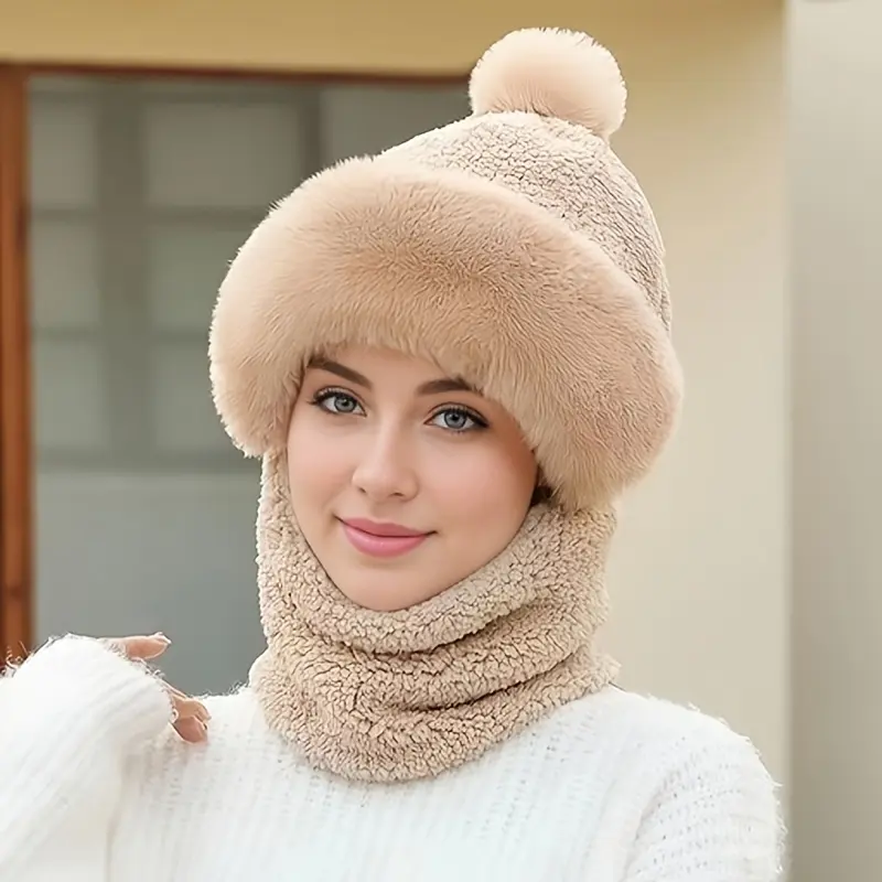 Women's Fleece-Lined Knit Winter Hat with Neck Warmer and Ear Flaps, Warm Windproof Fashion Beanie for Outdoor Cycling