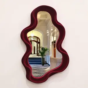 Mirror Wall Decor for Home Office Apartment, Asymmetrical Decorative Mirror for Entryway Porch Fireplace, Irregular Hanging Wall Art Sculpture for Christmas (Wine Red)