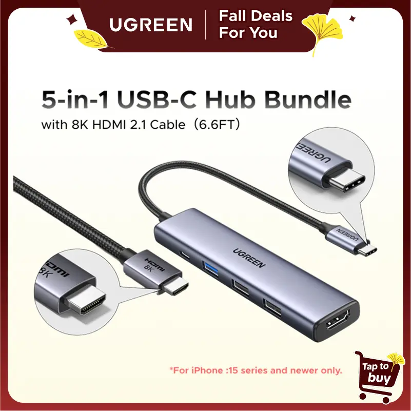 UGREEN USB C Hub 5 in 1 Multiport Adapter（HDMI Cable Not Included) Revodok 105 4K HDMI, 100W Power Delivery, 3 USB-A Data Ports, USB C Dongle for MacBook Pro/Air, iPad Pro, iMac, iPhone 16 Pro/Pro Max, XPS, Thinkpad,tiktokshopfalldealsforyou, Usb