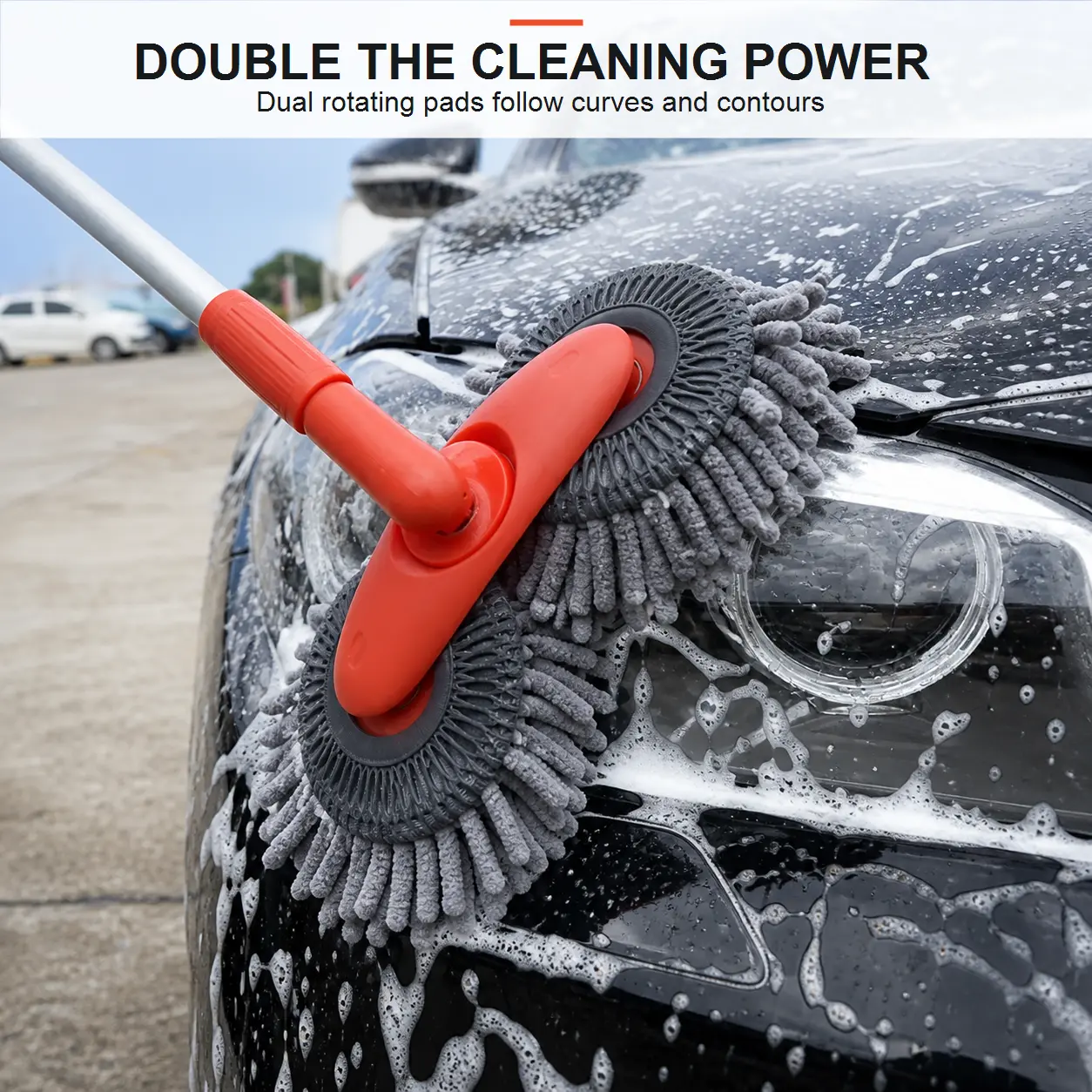 Dual-Wheel Car Wash Brush with Telescoping Aluminum Handle, 42.5 in Extended Reach, Rotating Chenille Mop Heads, Removable Washable Covers, Orange