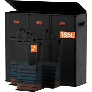 185L Laundry Hamper 3 Section, Laundry Hamper with Lid, Dirty Clothes Hamper with 3 Removable Bags, Large Laundry Basket Organizer for Bedroom, Laundry Room, Dorm - Black