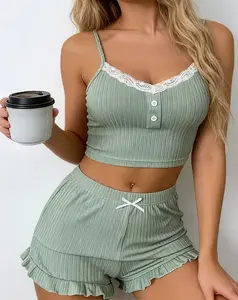 SERACAL Women's Summer 2pcs Loungewear Set, Camisole with Lace Patchwork and Button Decoration, Paired with Bow, Ruffle Trim, and Solid Color Ribbed Shorts, Sweet and Fashionable, Mature and Elegant Lady Style