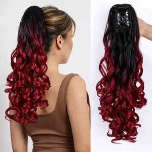 Women's Long Curly Ponytail Wig, Wine Color Trendy Claw Clip Design Natural Looking Fluffy High Ponytail Hair Extension Soft Synthetic Hairpiece for Daily Wear Party Cosplay