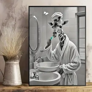 Wearing Robe Giraffe Brushing Teeth Canvas Print - 40.01x 59.94cm , HD Waterproof Wall Art, Frameless Modern Decoration, Suitable for Bathroom, Bedroom, Living Room or Office, Unique Gift Idea, Animal Art Print, Giraffe Poster, Canvas Artwork, Office Artw