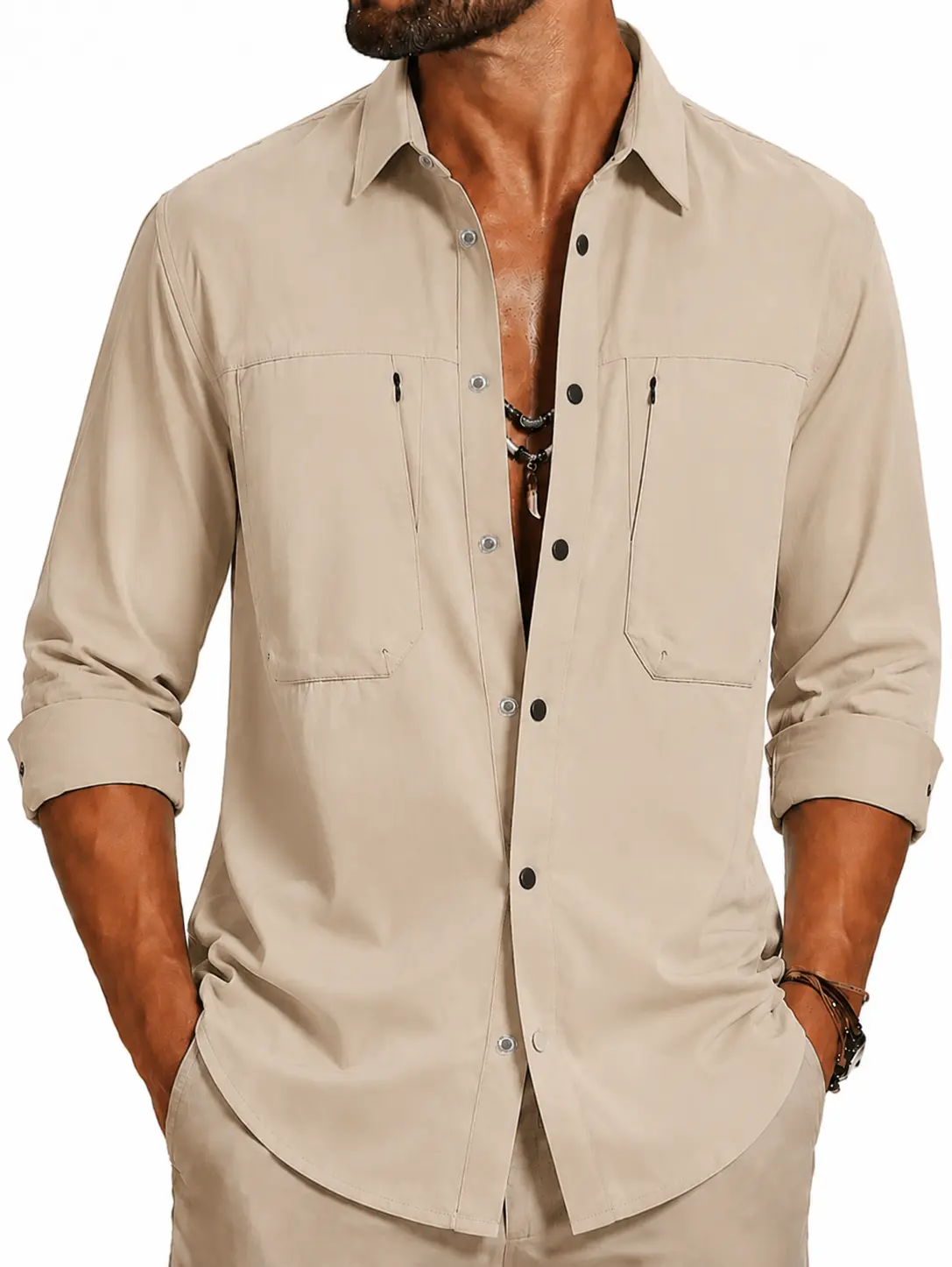 Men's Long Sleeve Workwear Shirt Grid Texture Fabric Button Up Shirt with Two Chest Pockets Classic Collar Casual Utility Style Lightweight Durable Shirt
