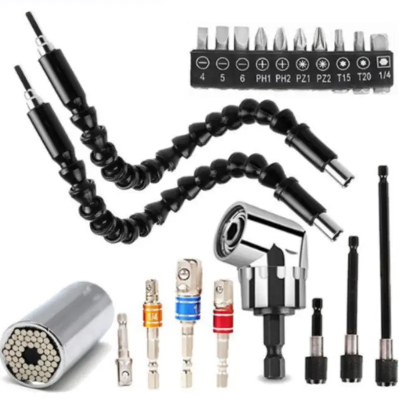 29-Piece Flexible Drill Bit Extension Set, Includes 105 Degree Bent Shank Attachments, Universal Sockets & Screwdriver Bits
