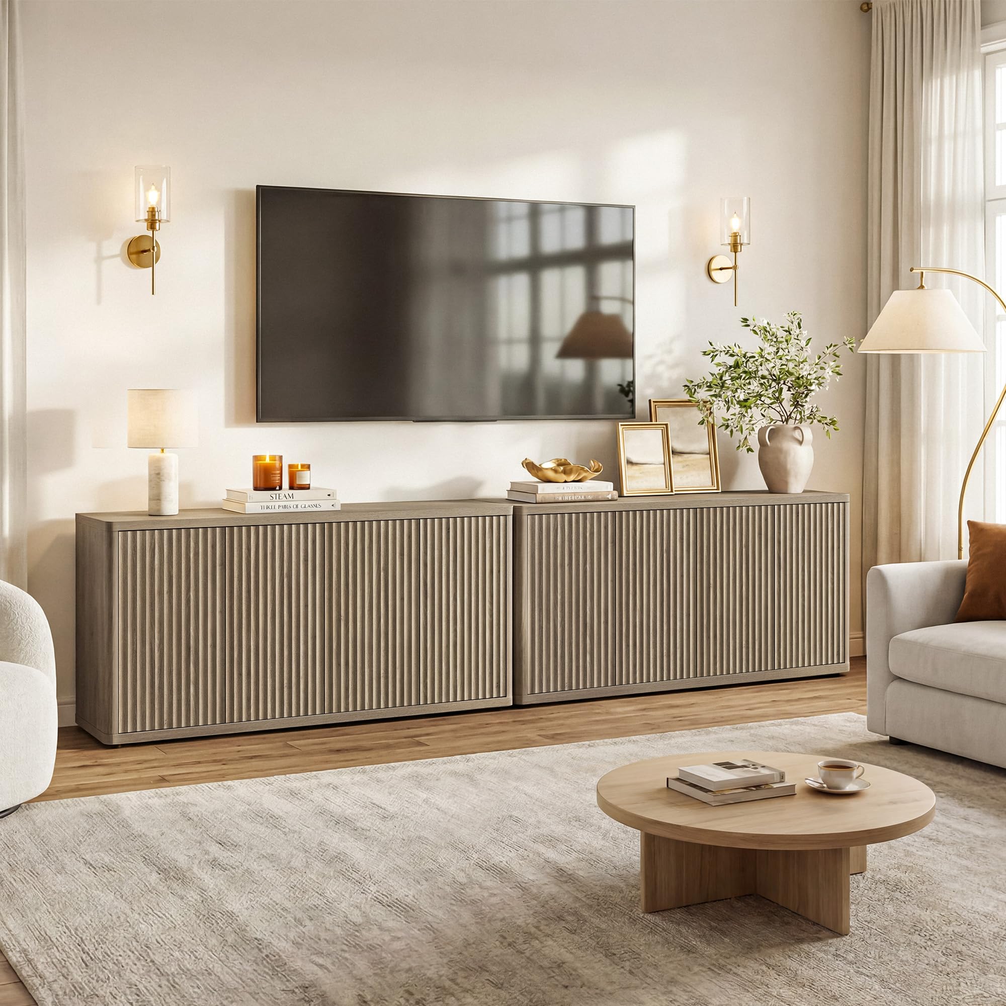 SICOTAS Modern Long Fluted TV Stand - Single Unit Media Console with Storage, Solid Base Entertainment Center for 65" TVs, Living Room Furniture, Storage Space