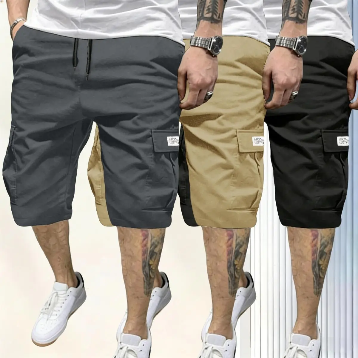 essential shorts，shorts for the summer，men shorts，shorts for summer，3-pack men’s cargo shorts, mid-thigh length (doesn’t go past the knee), non-stretch fabric, wear-resistant and tear-resistant material, multi-purpose pockets, no rear pocket