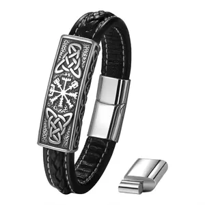 Viking Compass Bracelet for Men Norse Rune Braided PU Leather Cuff with Stainless Steel Magnetic Clasp