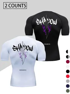 [Swords and English Print] Men's Two-Piece Quick-Drying Athletic T-Shirt Set - Elastic fitness training top, moisture-wicking sportswear, suitable for running, training, and fitness enthusiasts, breathable fabric, sporty and stylish look, comfortable fit.