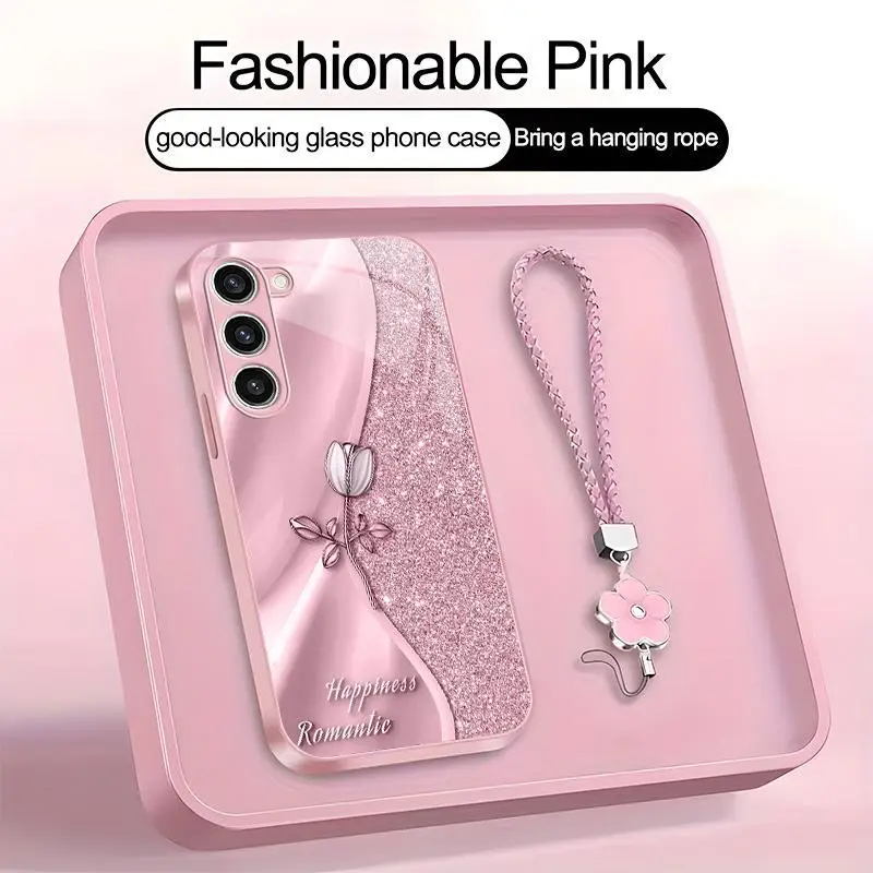 Suitable for [Galaxy S23+] high-end phone case🥰，drop-resistant and fingerprint-resistant，Includes a free four-leaf clover lanyard. Features a premium, minimalist printed design—not sequins YM99