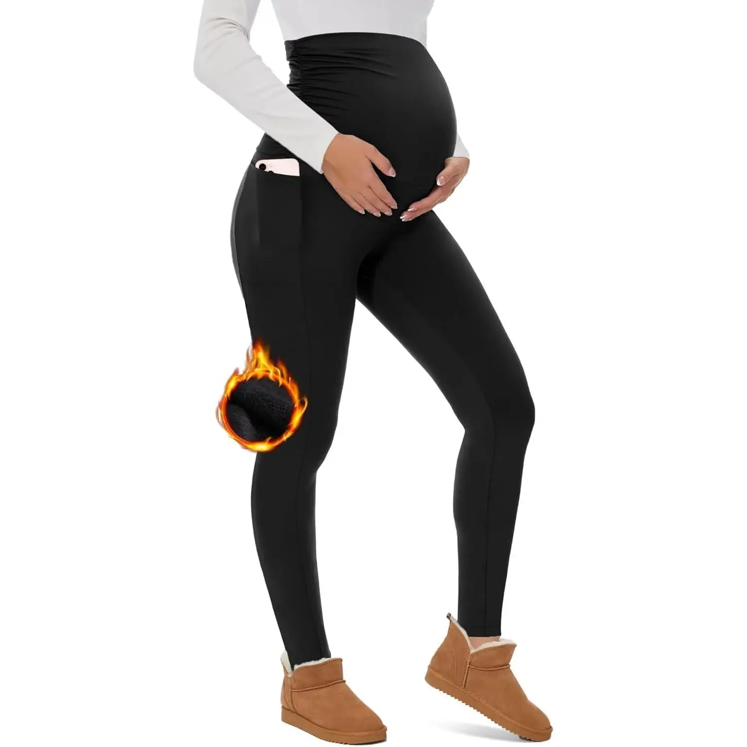 Maternity Fleece Lined Leggings with Pockets Over Belly,Thermal Womens Pregnancy Workout Pants Warm Winter2026
