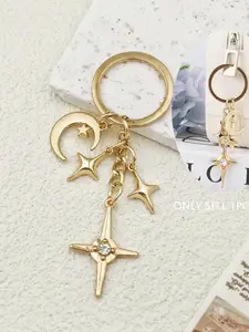 Moon Star Design Shining Diamond Cross Pendant Bag Charm Keychain, Elegant Jewelry Gift for Girls, Perfect Accessory for Handbags & Keys, Stylish Keychain